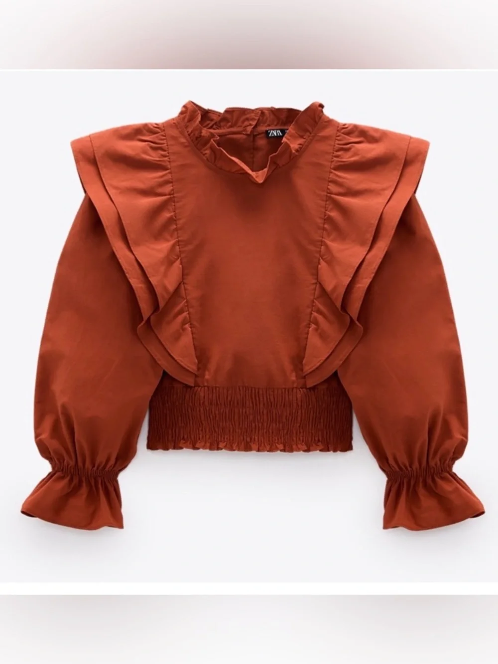 NWT Zara Rust Ruffle-Detail Smocked Crop Top Size S - Picture 2 of 9